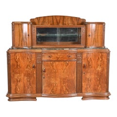 Vintage French Art Deco Burl Wood Marble Top Sideboard or Bar Cabinet, 1930s