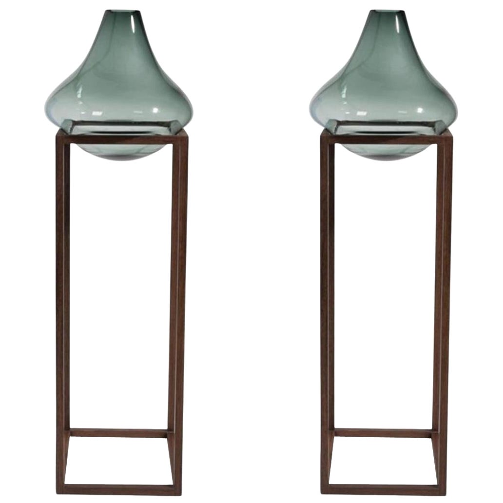 Set of 2 High Round Square Green Vase by Studio Thier & Van Daalen