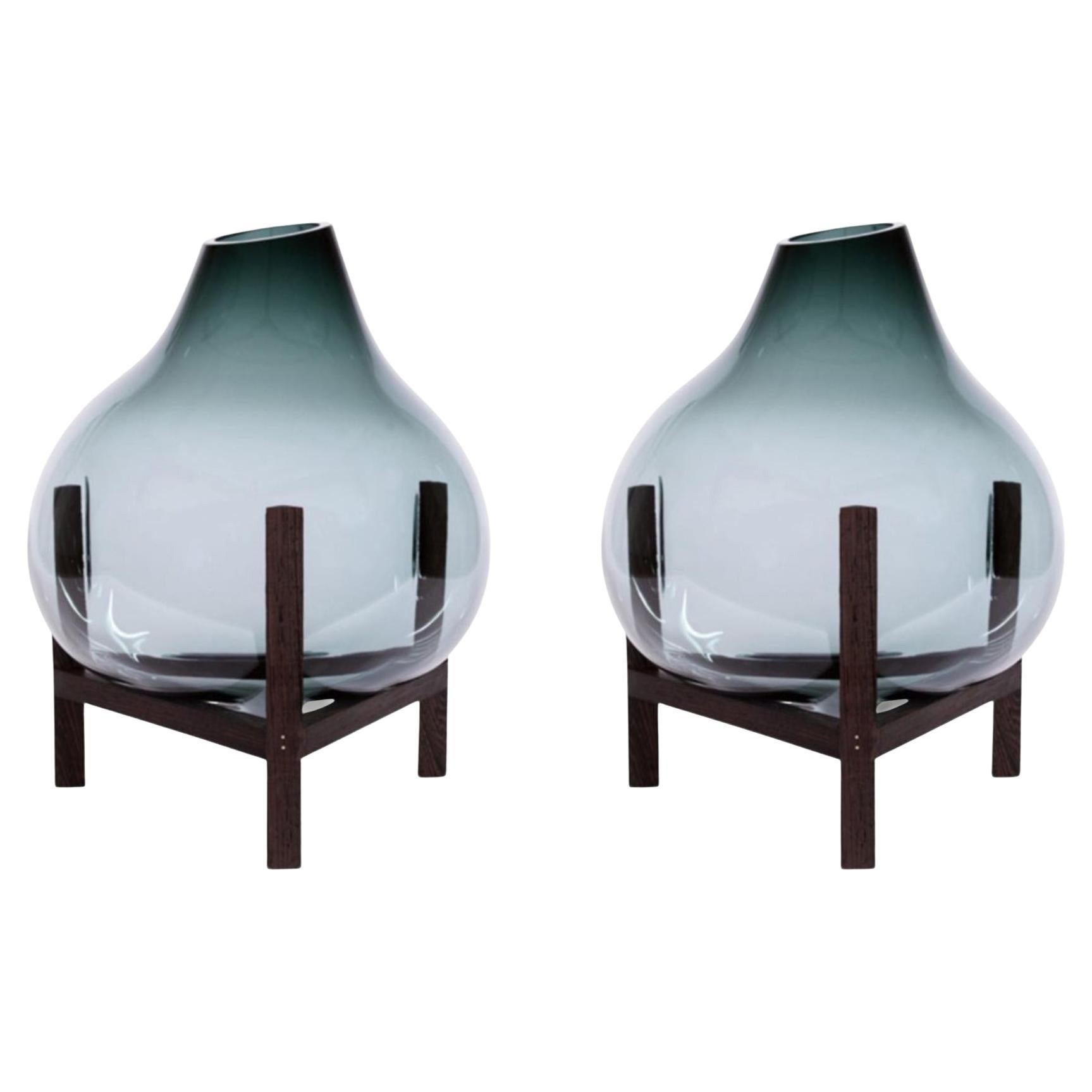 Ensemble de 2 vases carrés et triangulaires gris ronds de Studio Thier & Van Daalen
