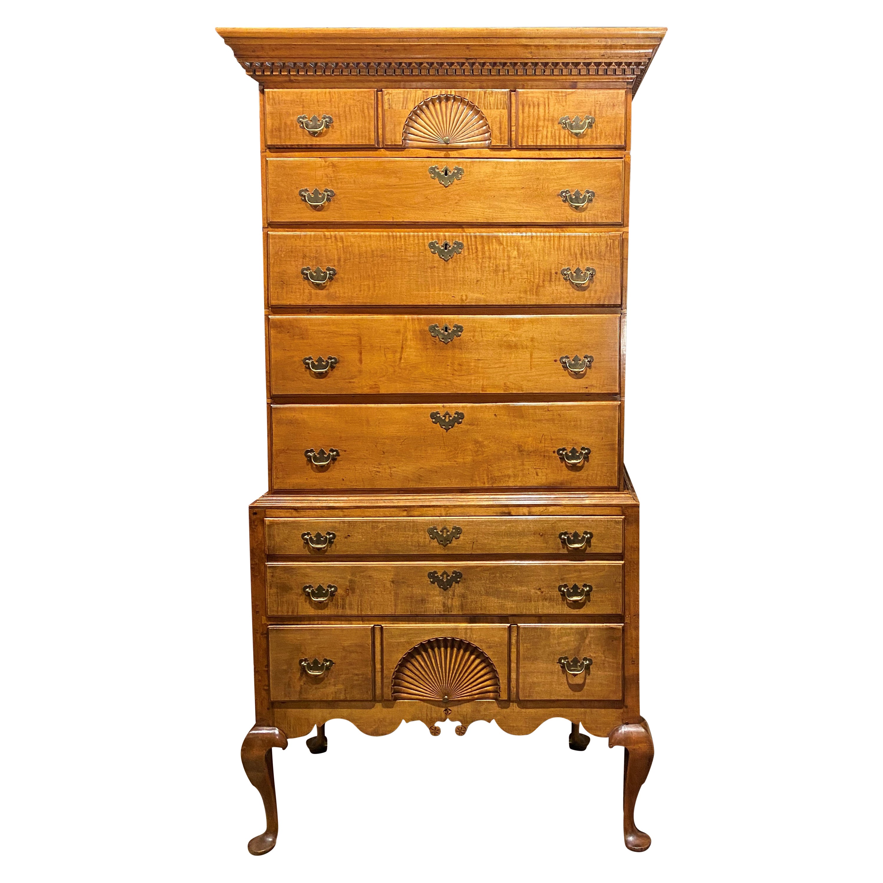 NH Queen Anne Curly Maple Highboy Attributed to the Dunlap Workshop c 1760-1780 For Sale