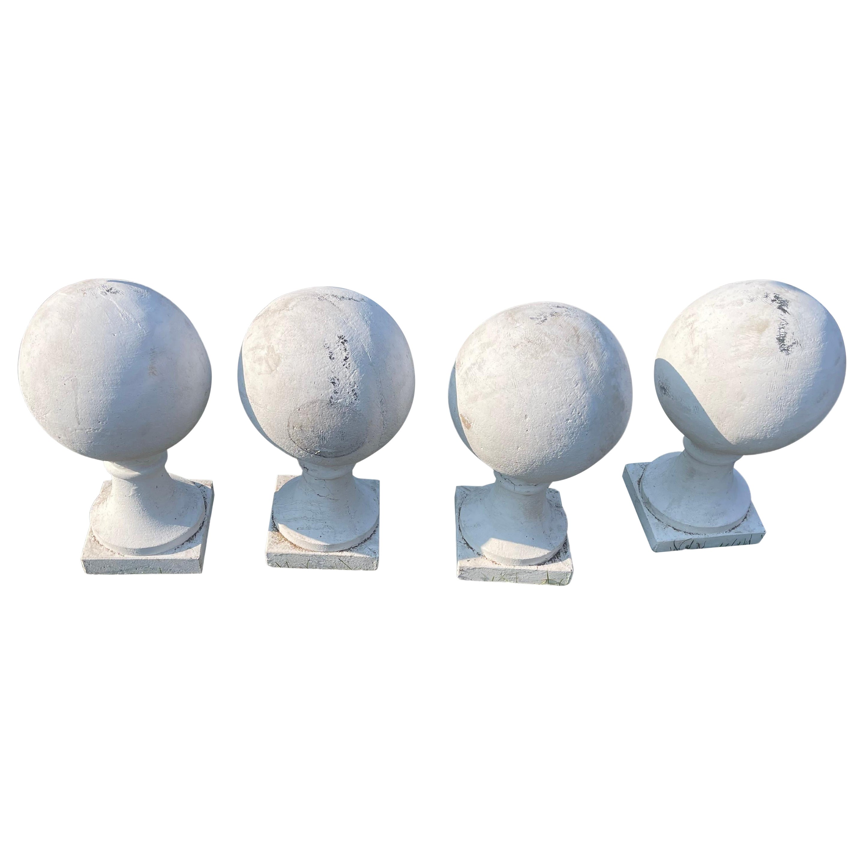 Four Classic White Cement Ball Finials on Square Base from a North Shore Estate