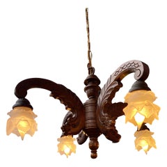 Hand Carved Chandelier in Medieval Gothic Style with Four Lalique Style Shades