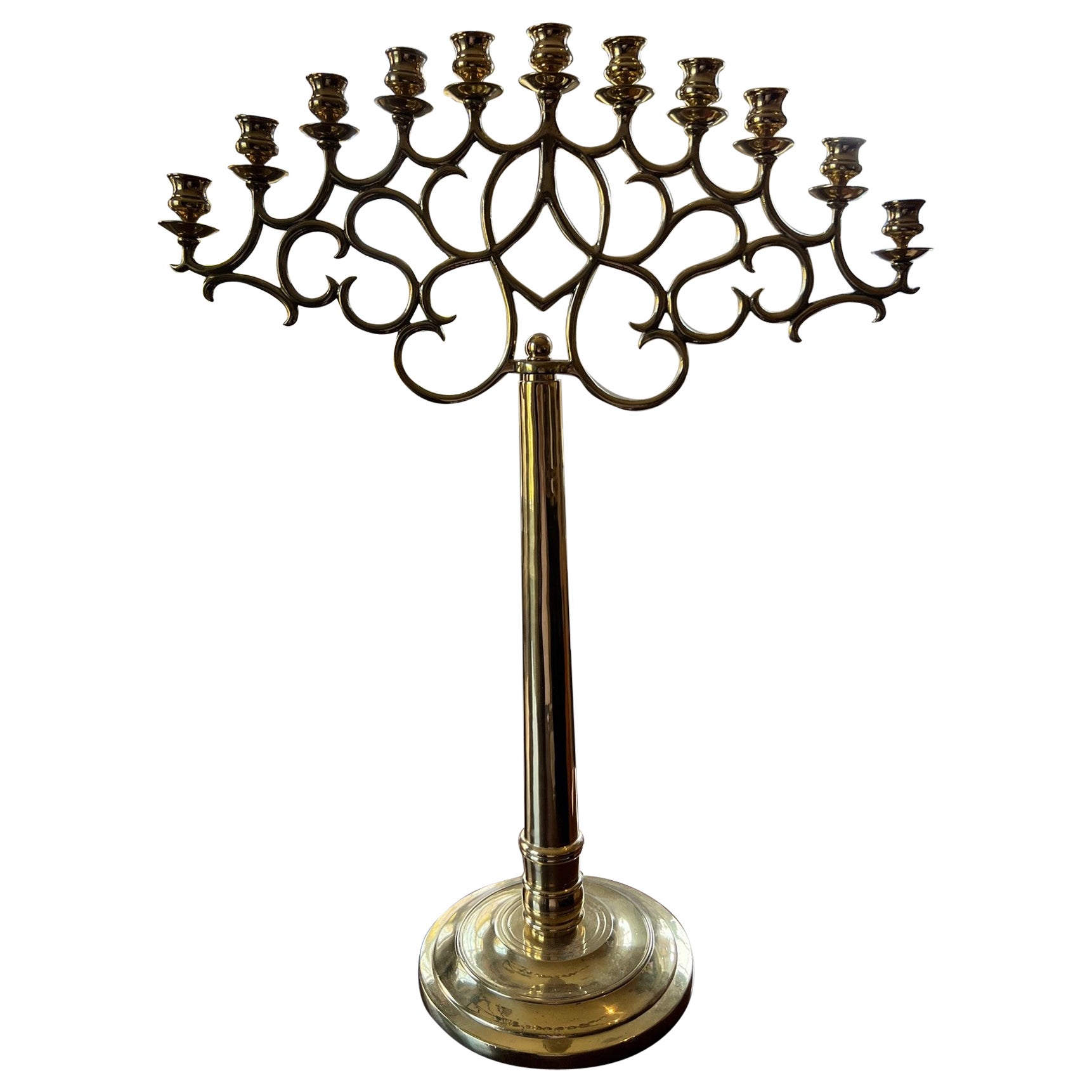 20th Century Tall Brass Eleven-Light Candelabrum in the Style of Paavo Tynell For Sale