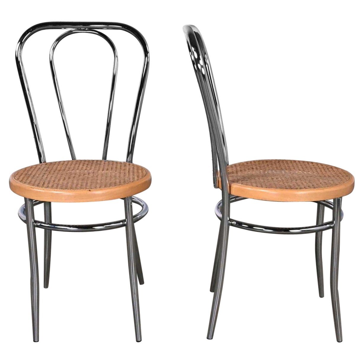 Pair Made Italy Bauhaus Style Bistro Café Chairs Chrome Cane Seat After Thonet For Sale