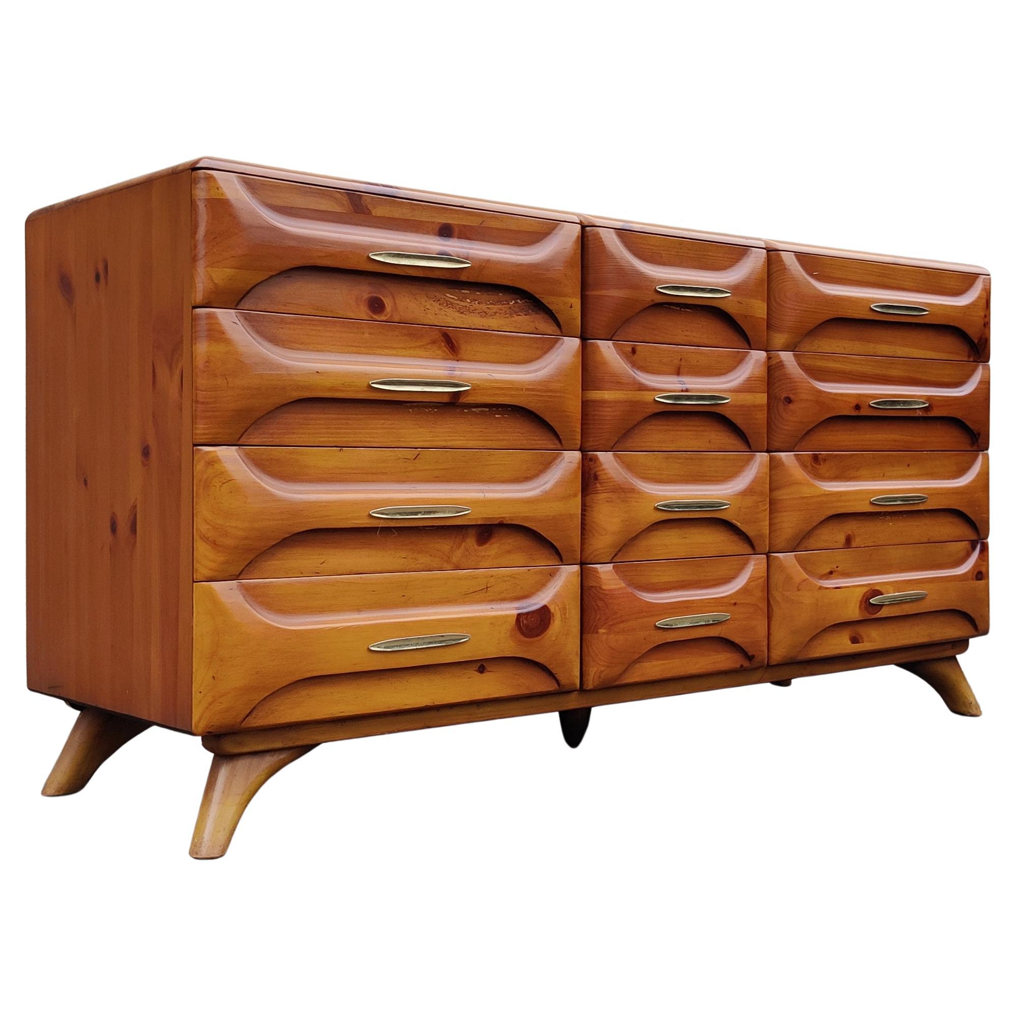 Franklin Shockey Sculptured Pine 9 Drawer Dresser or Cabinet + Mirror 1970s MCM