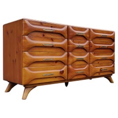 Used Franklin Shockey Sculptured Pine 9 Drawer Dresser or Cabinet + Mirror 1970s MCM