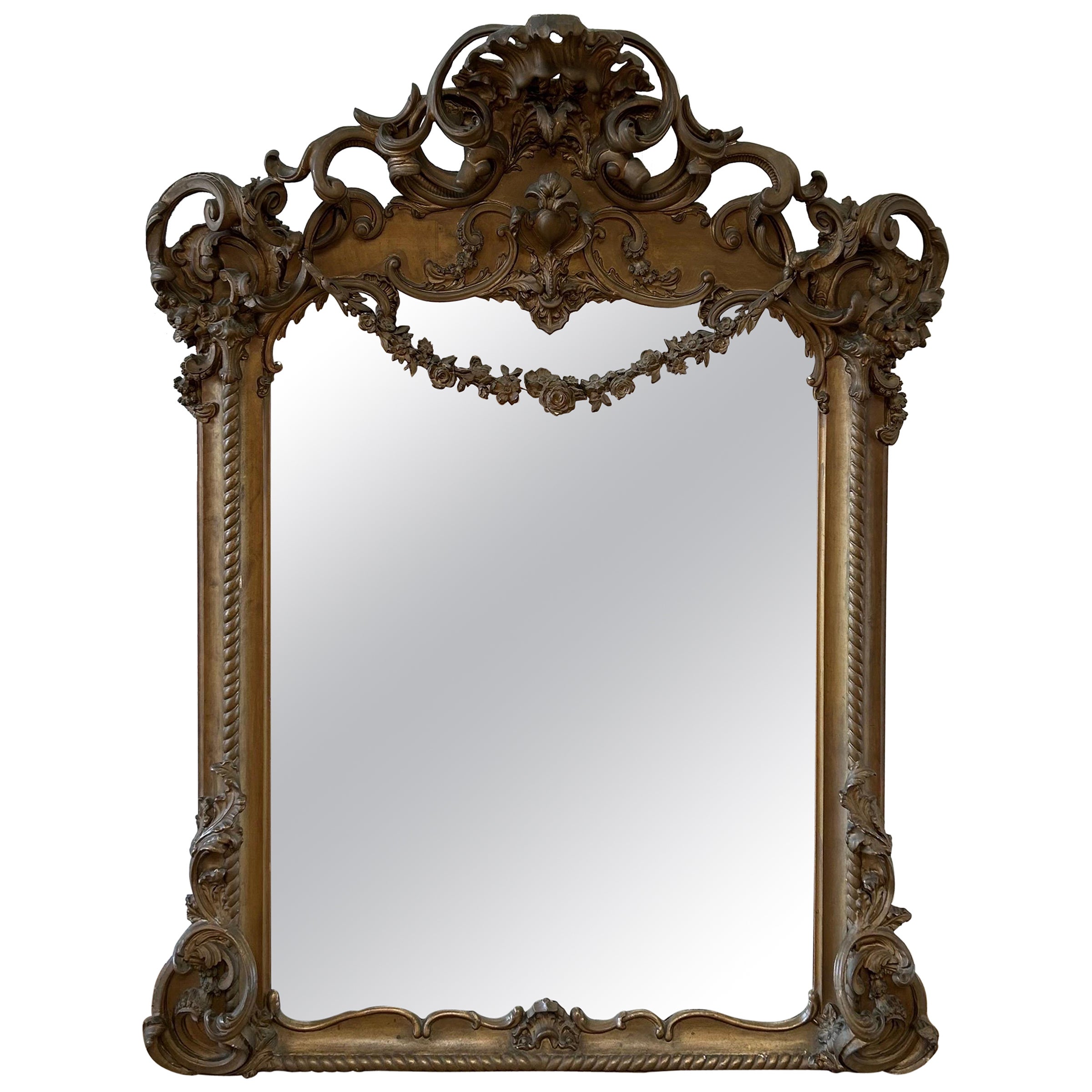 Antique Giltwood Carved Rose Swag Mirror For Sale