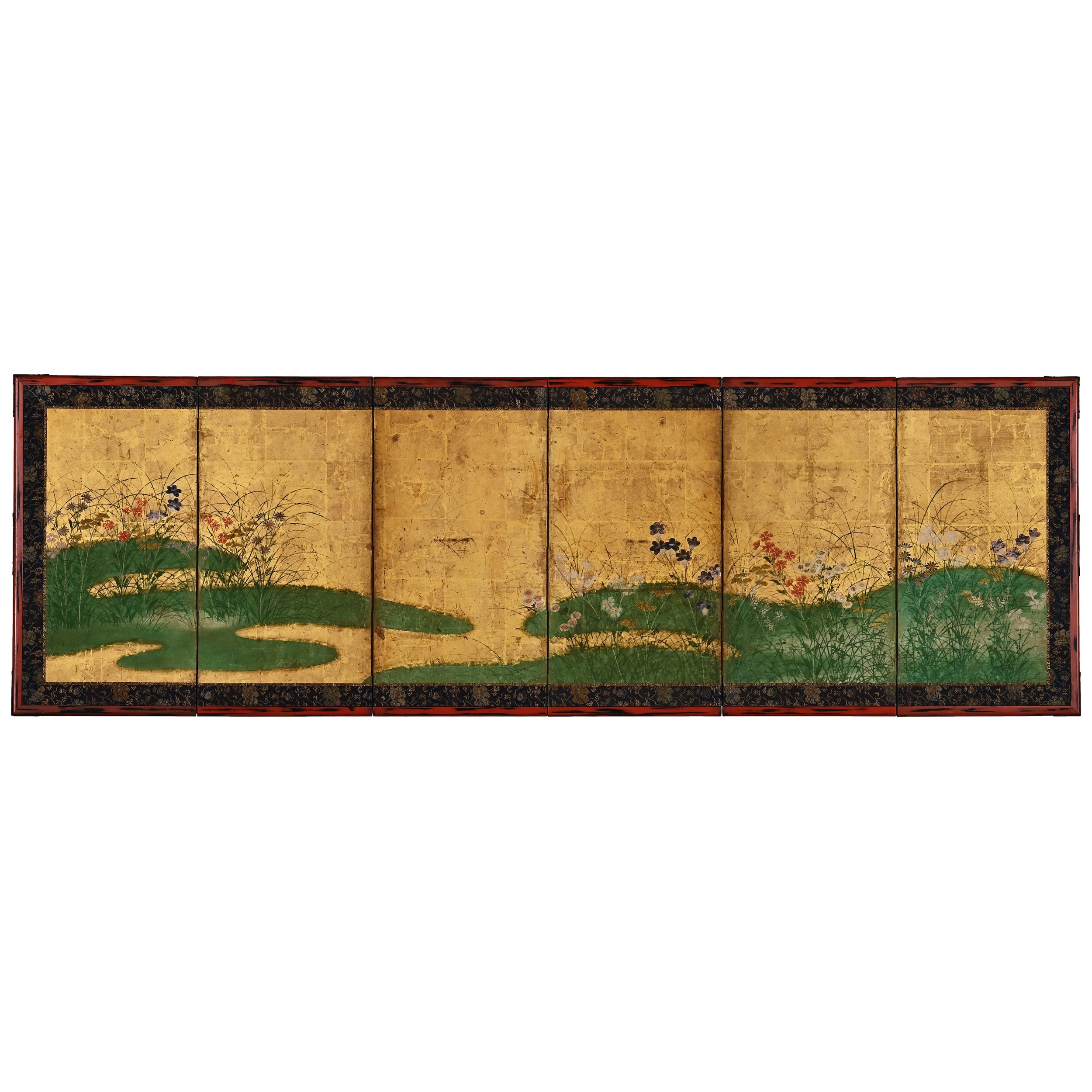 Early 17th Century Japanese Rinpa School Screen with Birds and Flowers at 1stDibs