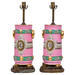 Pair of Old Paris French Victorian Style Porcelain Hand Painted Urn Table Lamps