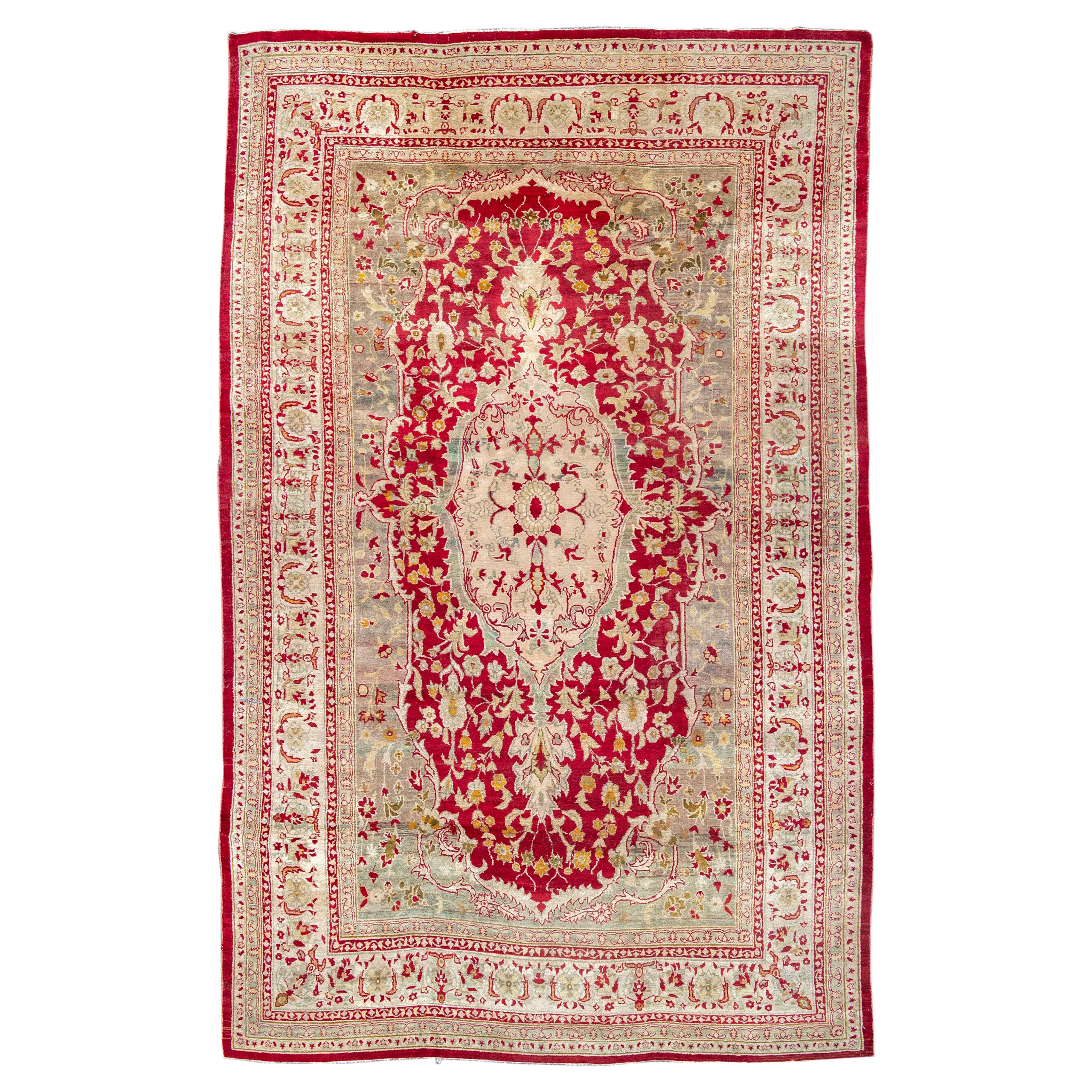 Antiker roter und goldener indischer Agra-Teppich aus dem späten 19. Jahrhundert