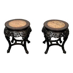 Vintage Pair of Hand Carved Oriental Chinese Pedestals / Low Tables, Teak Wood, Marble