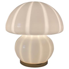 Retro Murano 70s White Swirl Glass Mushroom Table Lamp with Brass Base