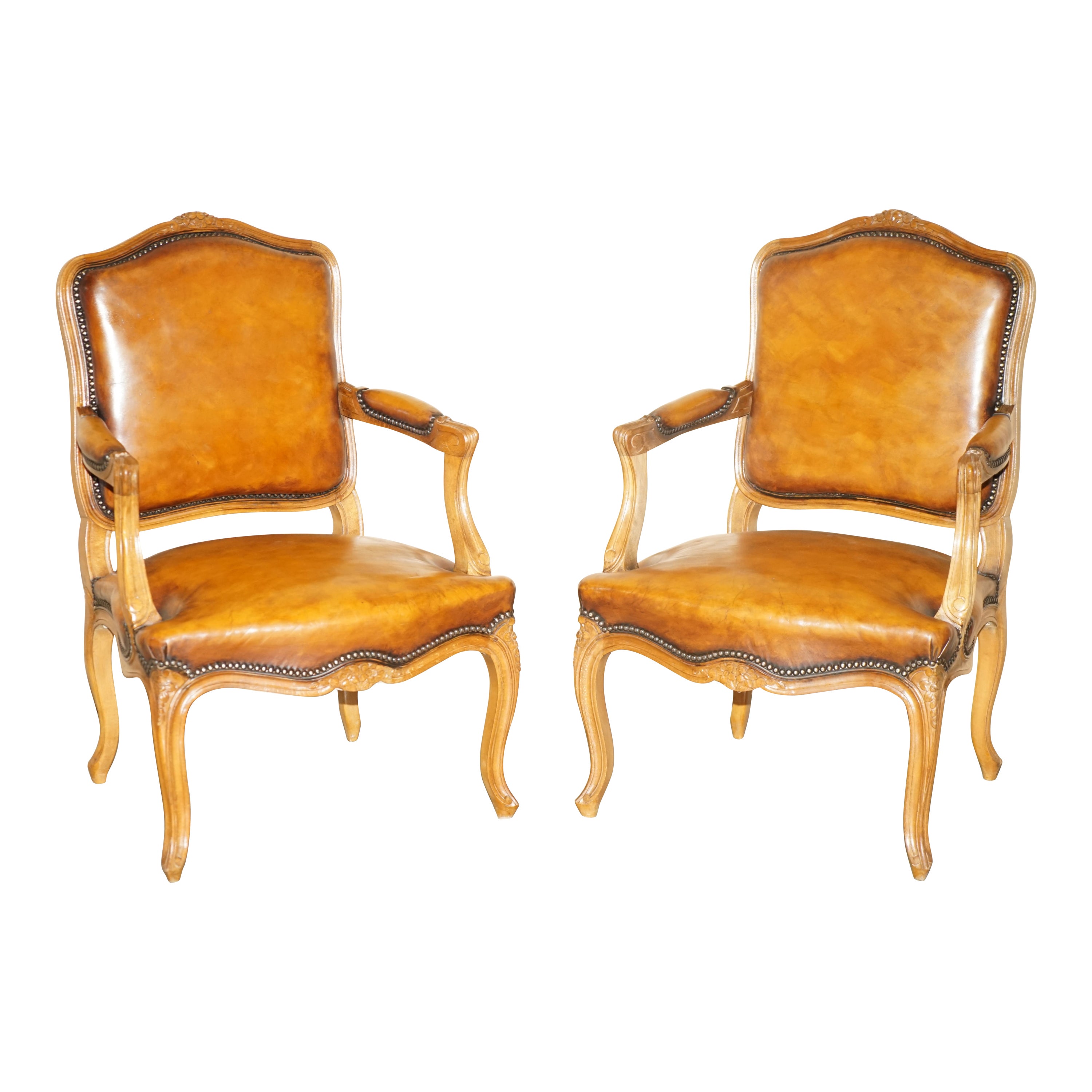Pair of Hand Dyed Cigar Brown Leather French Louis XV Style Walnut Armchairs