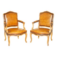 Pair of Hand Dyed Cigar Brown Leather French Louis XV Style Walnut Armchairs