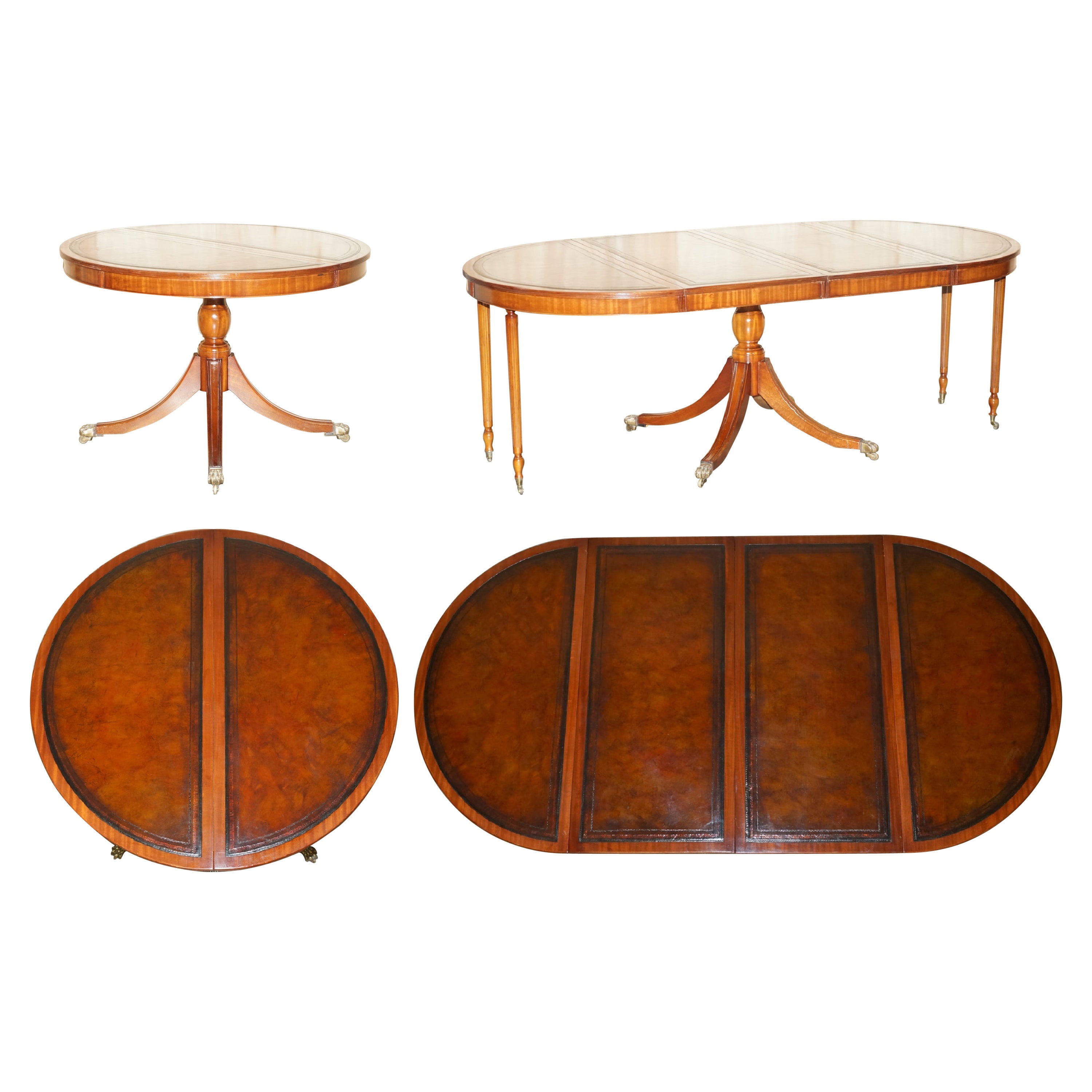 Stunning Round Extending Dining Library Table with Hand Dyed Brown Leather Top For Sale