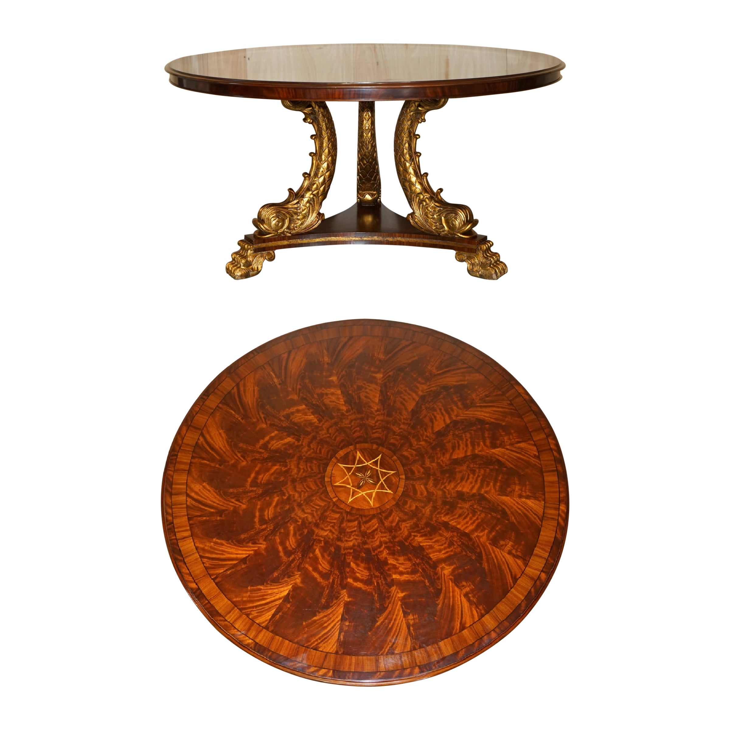 Exquisite Regency Style Gold Giltwood Dolphin Dining Table Flamed Hardwood Top For Sale