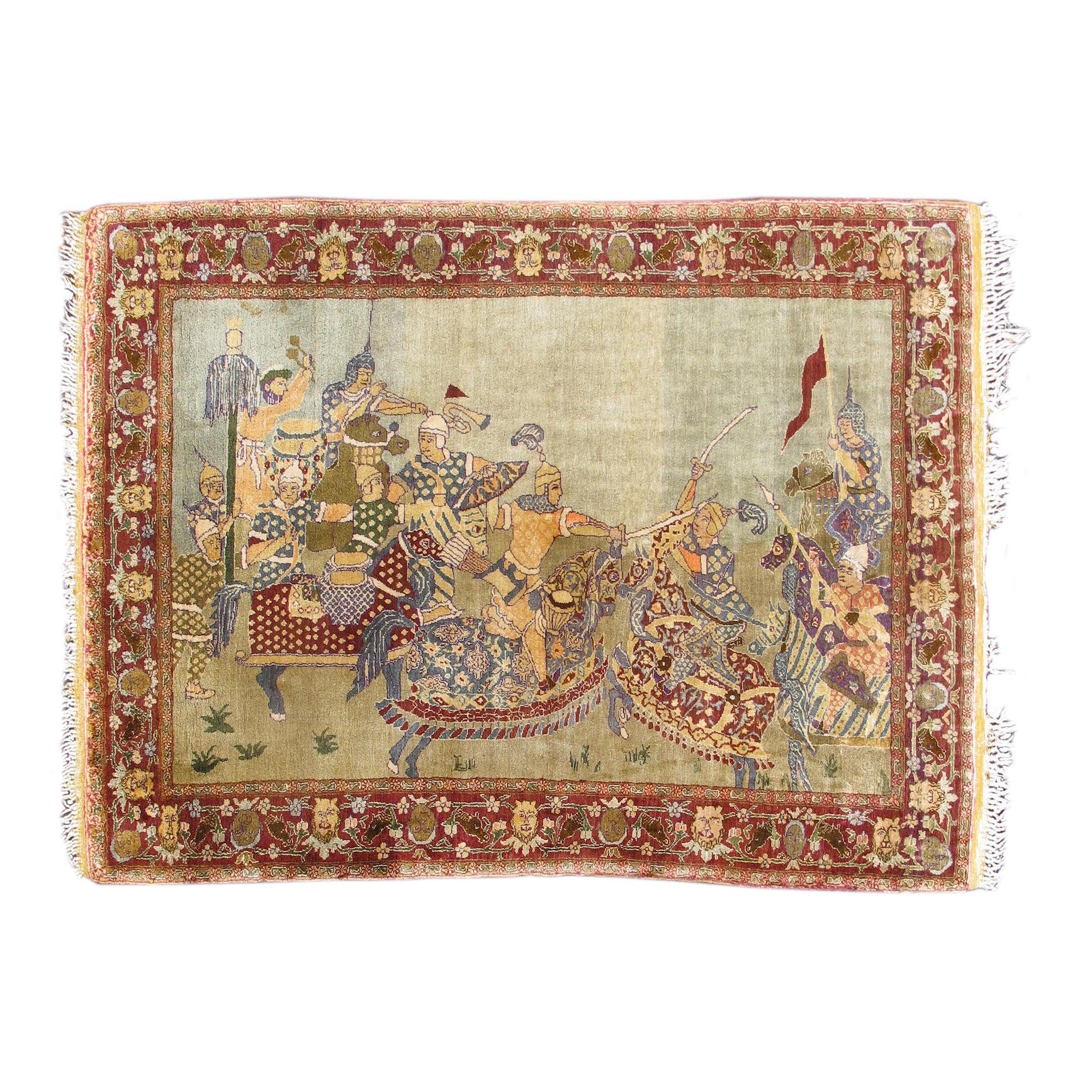 Hereke Silk Pictorial Mat Rug, Early 20th Century For Sale