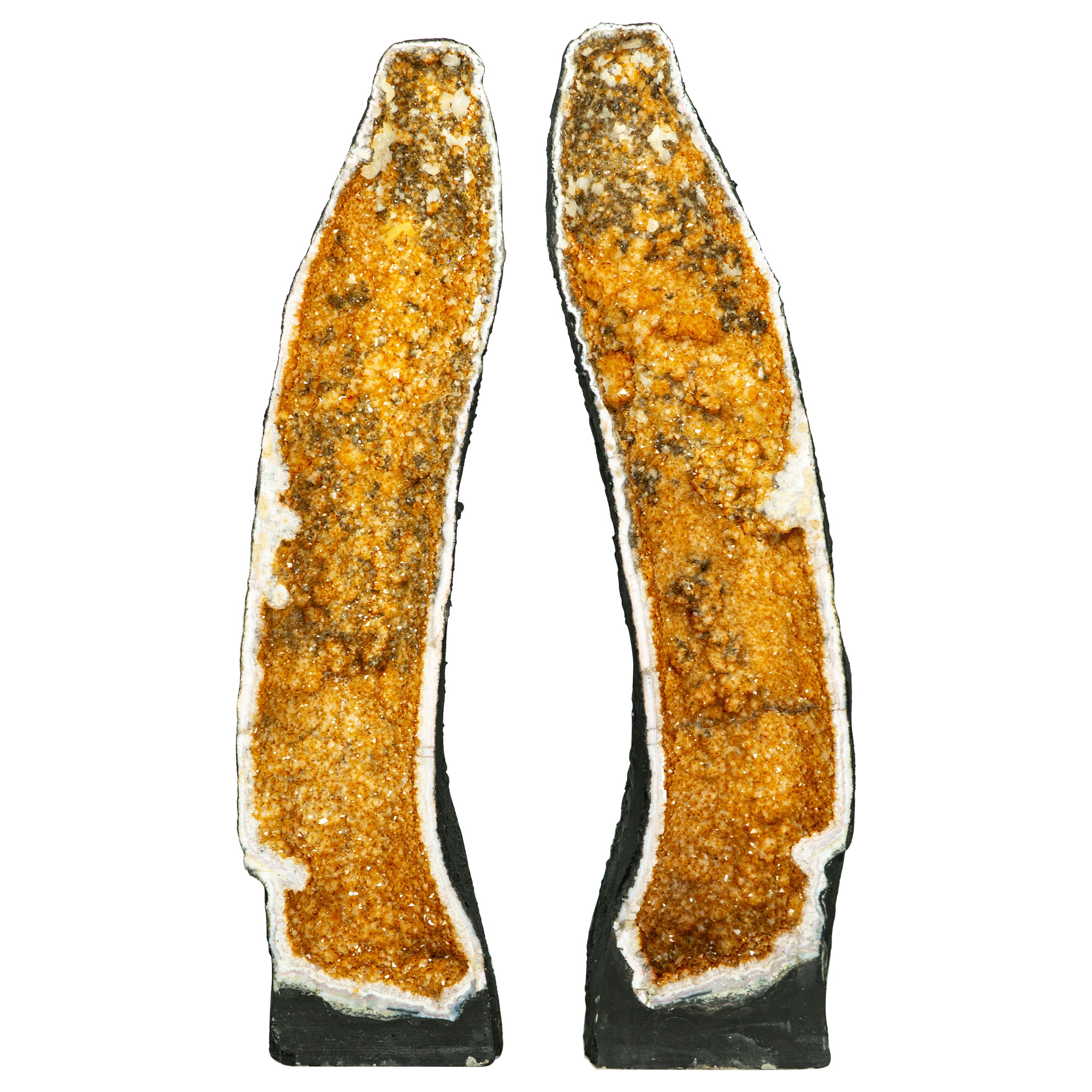Pair of X-Tall Book-Matching Yellow Citrine Geodes with Calcite For Sale