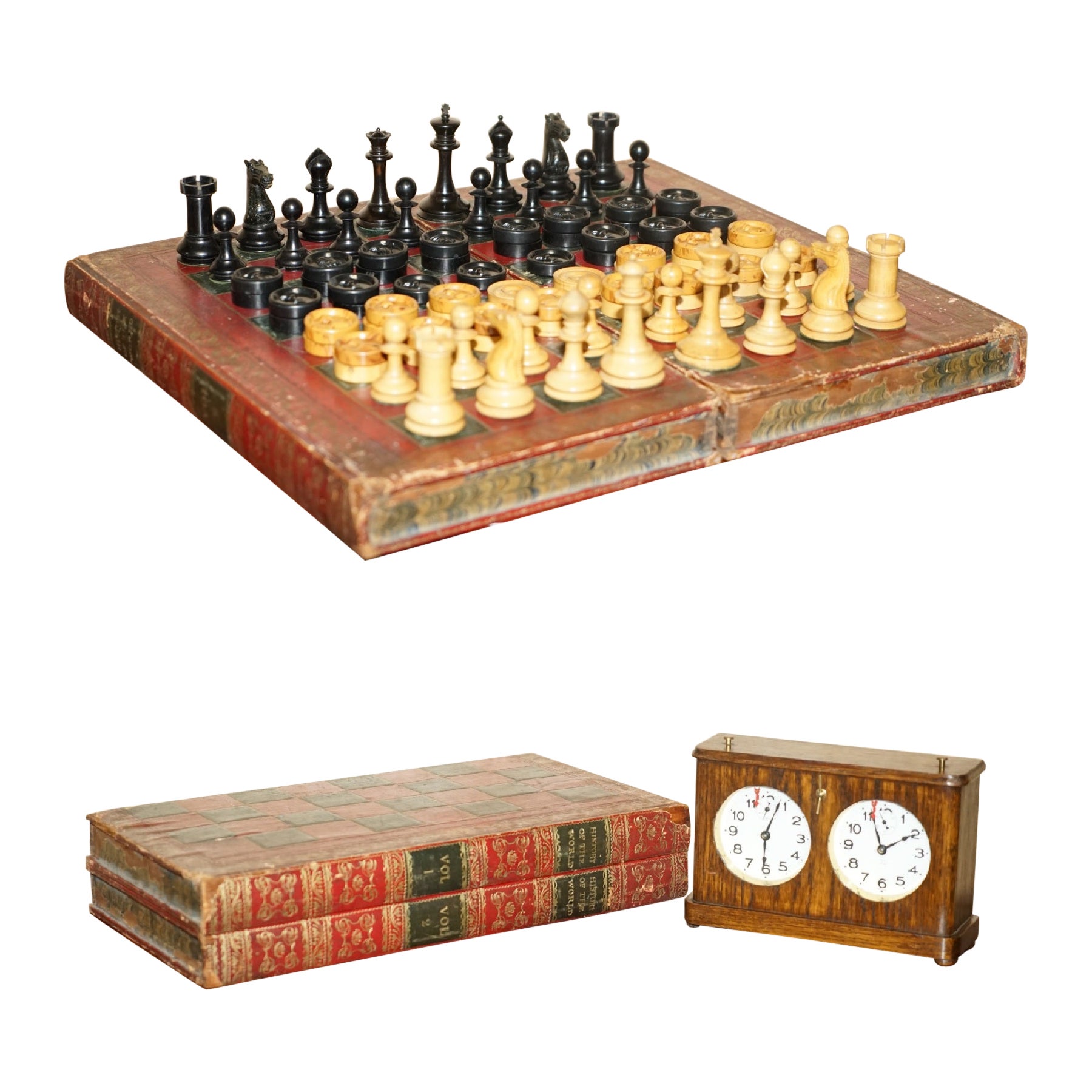 Jaques London Victorian Faux Book Chesssboard Staunton Pieces & Hardwood Clock en vente