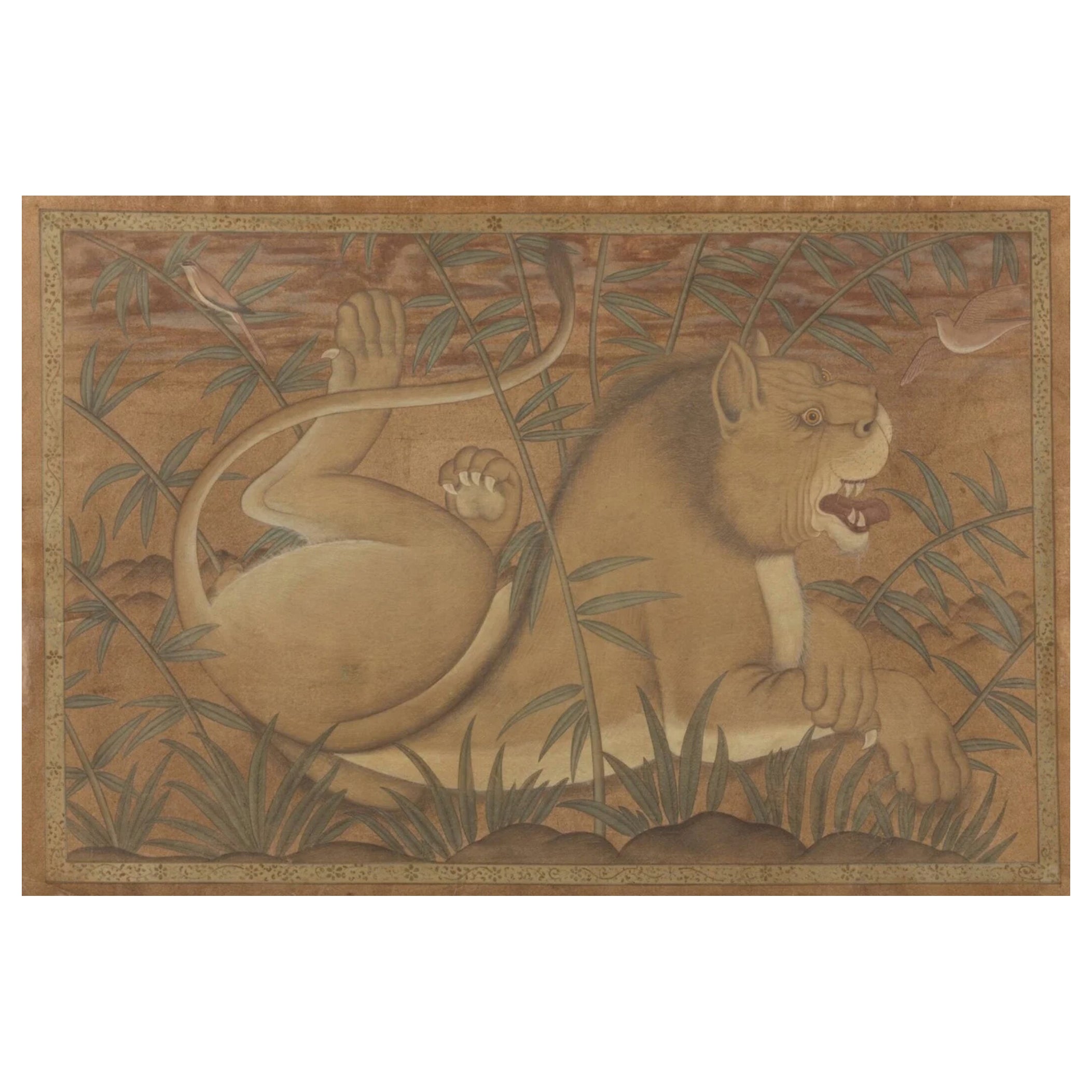  Belle peinture moghole d'un "lion au repos", Inde du Nord, début du XIXe siècle