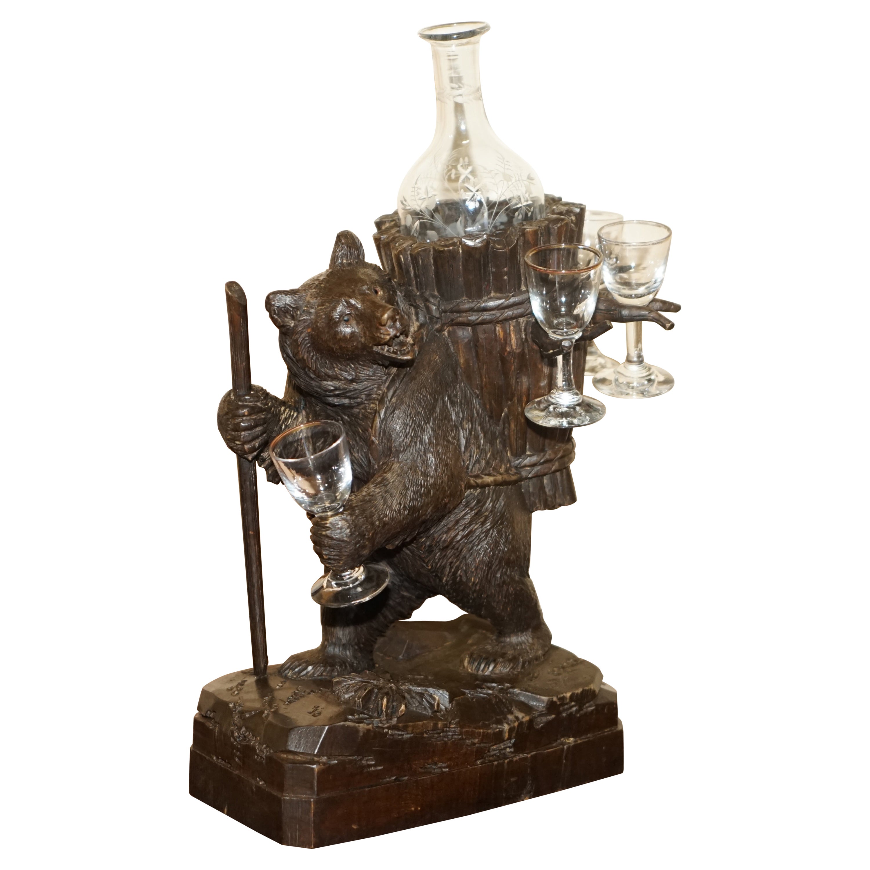 Antique Hand Carved circa 1880 Black Forest Bear Musical Drinks Decanter Glasses For Sale