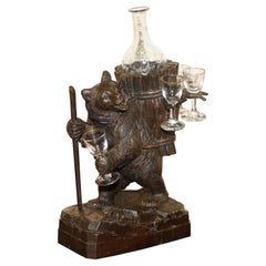 Used Hand Carved circa 1880 Black Forest Bear Musical Drinks Decanter Glasses