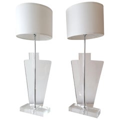 Pair of Very Large Vintage Architectural Lucite & Chrome Lamps, 1970s Italy