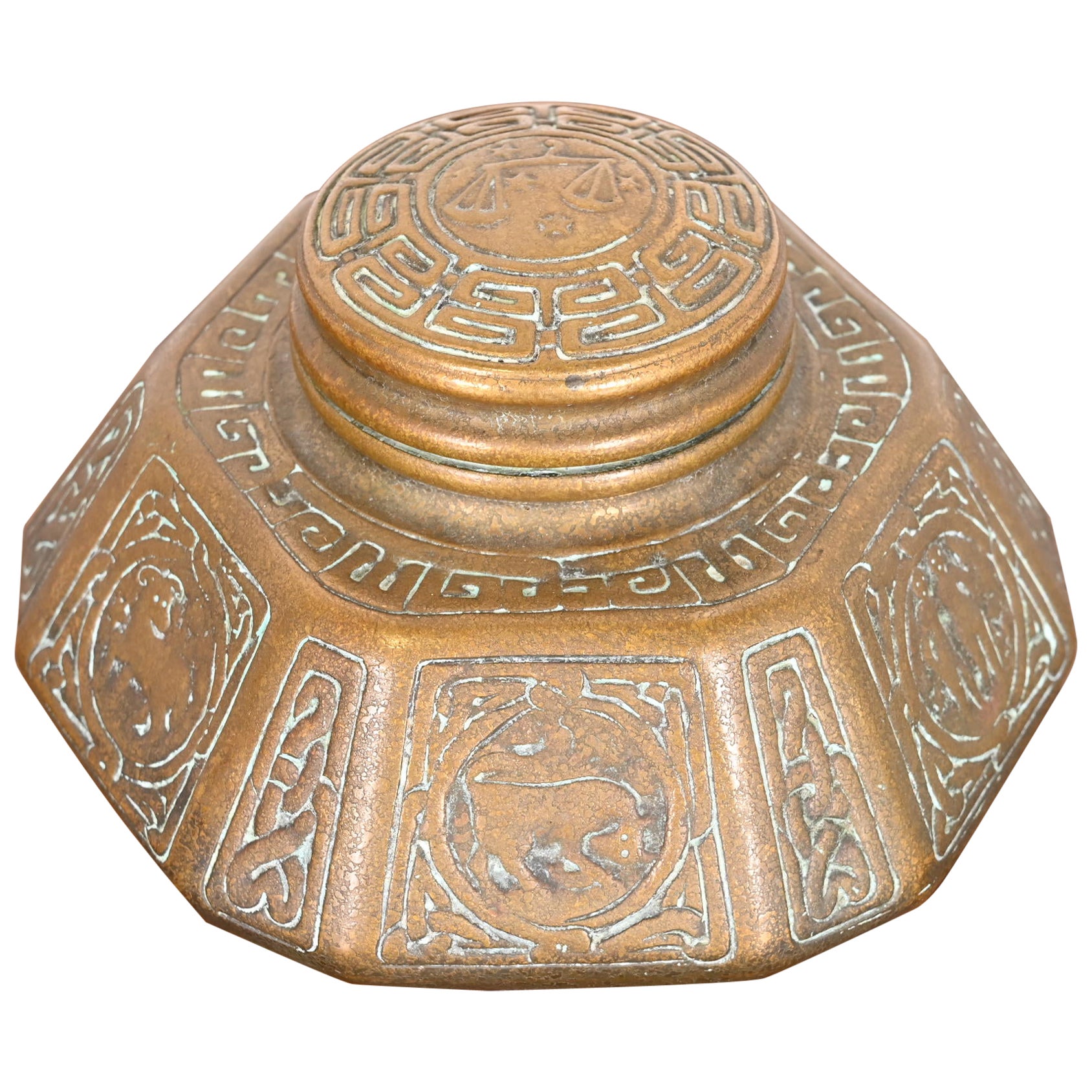 Tiffany Studios New York 'Zodiac' Bronze Doré Large Inkwell For Sale