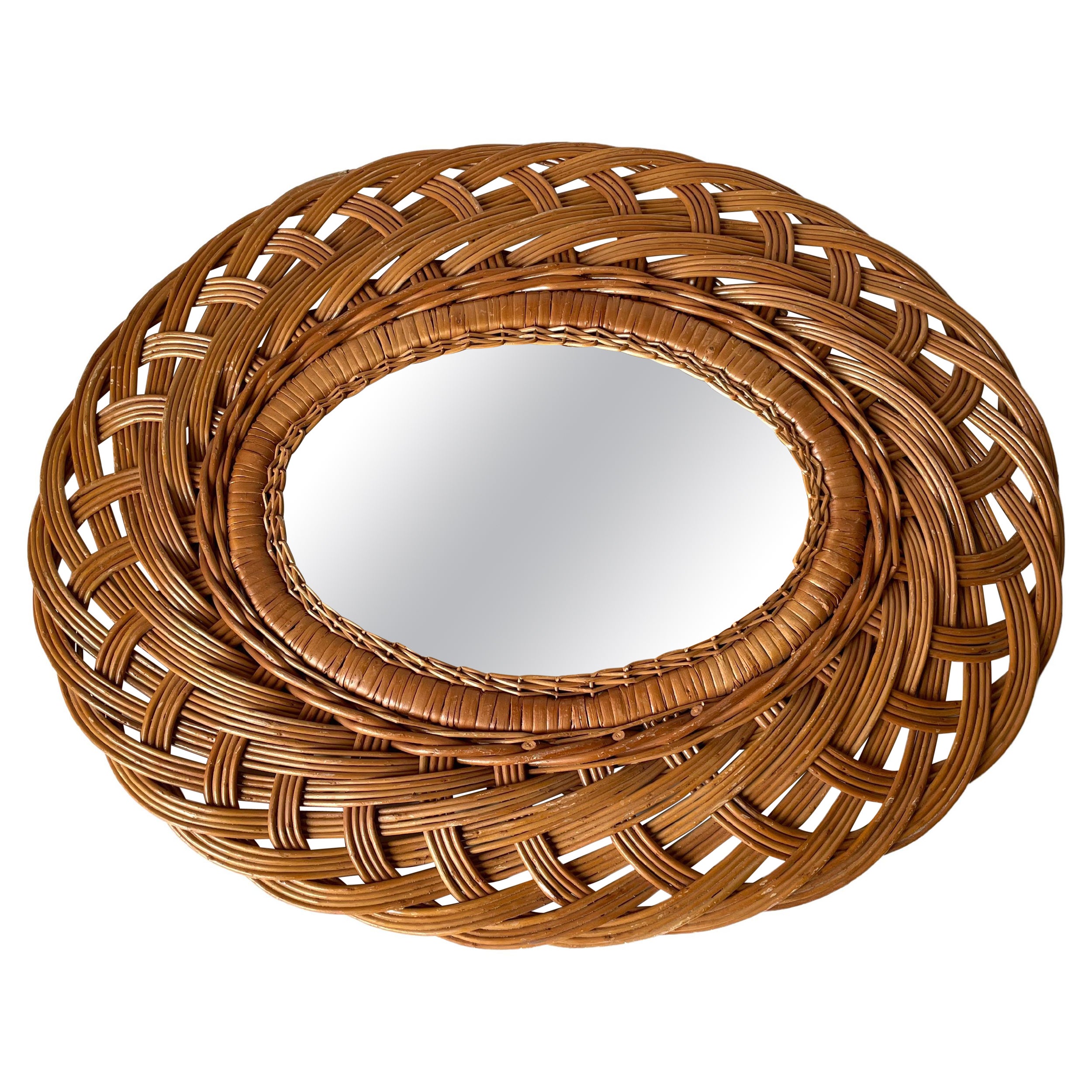 French 1950s Wicker Rattan Oval Wall Mirror For Sale