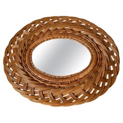 French Vintage Wicker Rattan Oval Wall Mirror, 1950s
