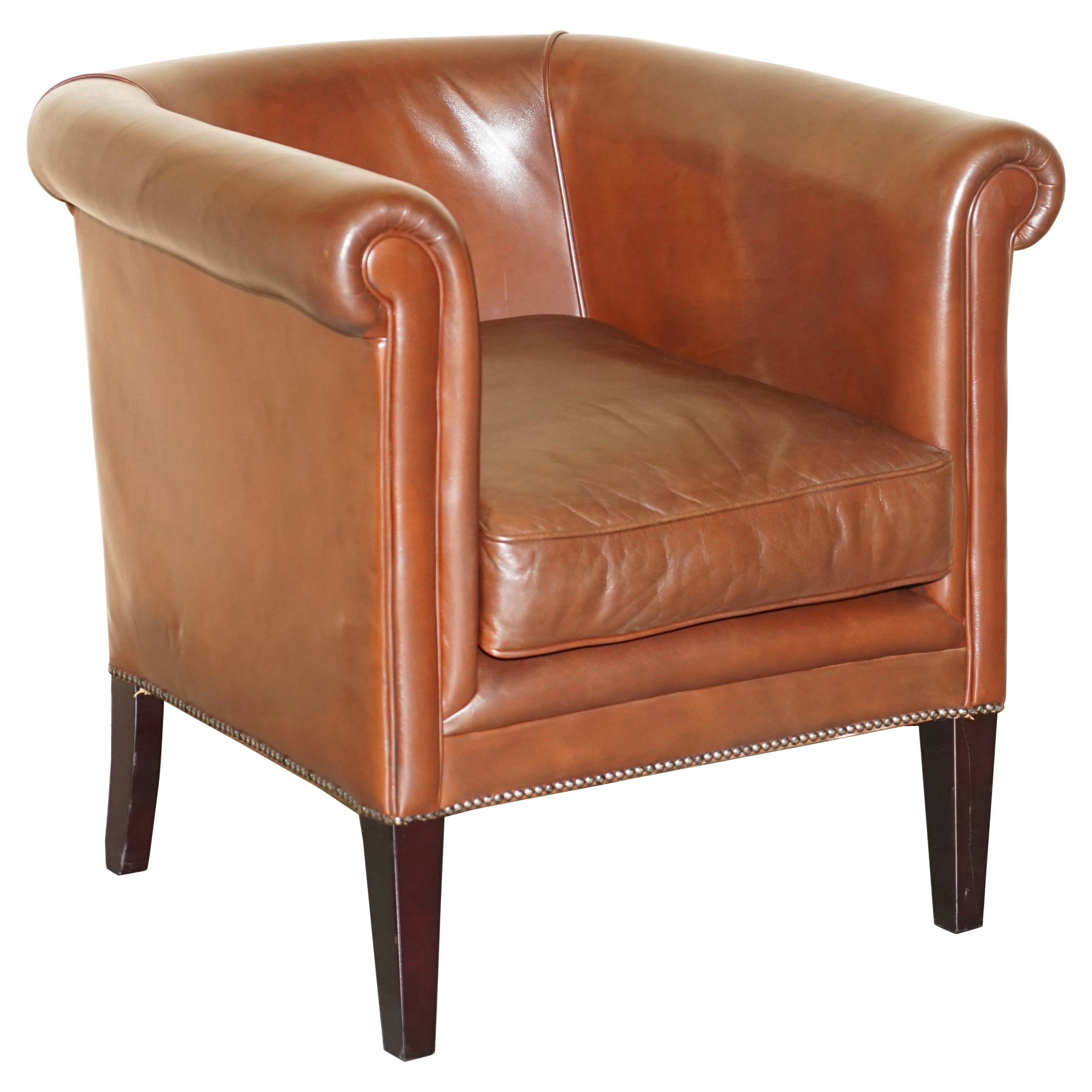 Lovely Brown Leather Laura Ashley Tub Club Armchair Excellent Proportions