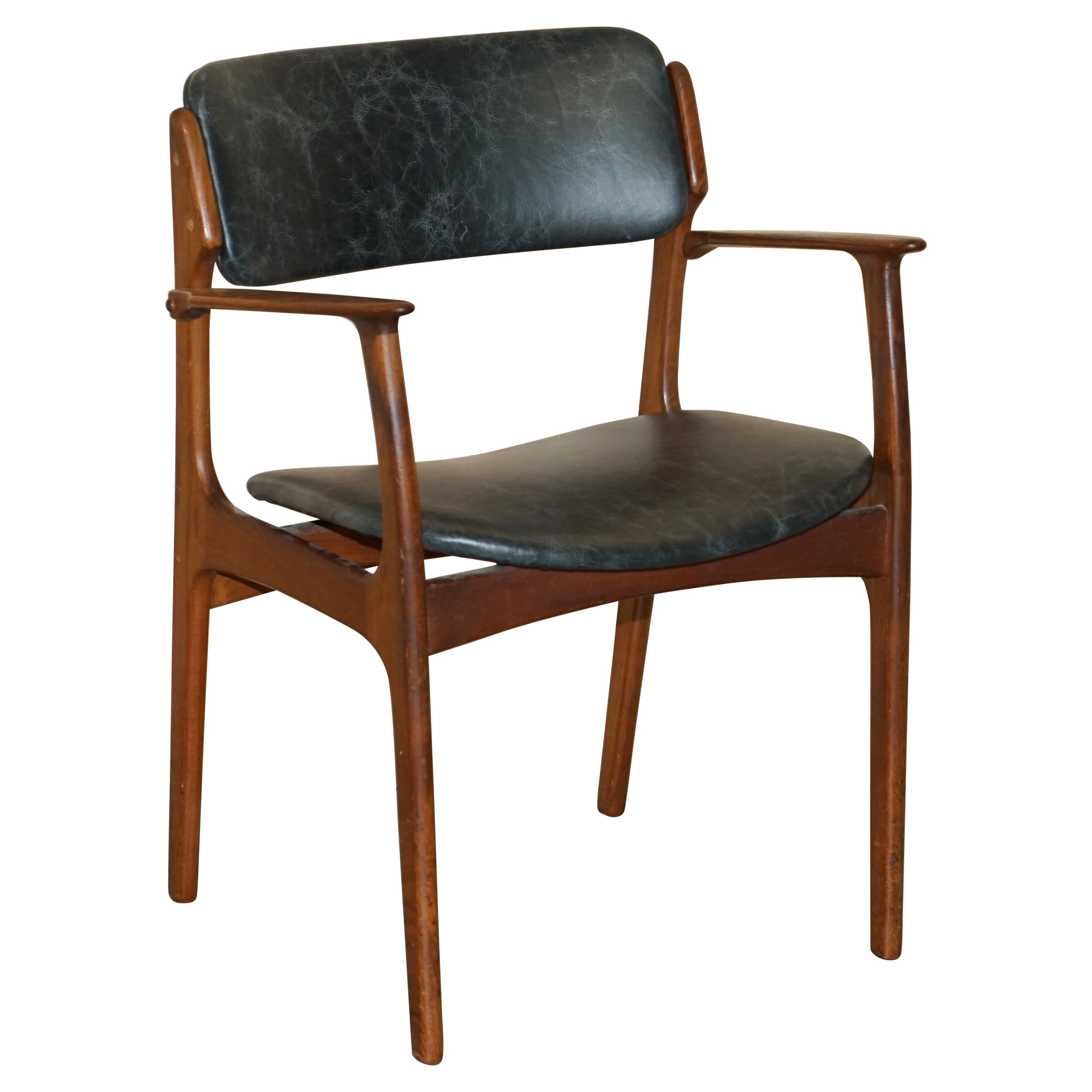 1961 Danish Teak Peter Lovig Nielsen for Mobelfabrik Black Leather Desk Armchair For Sale