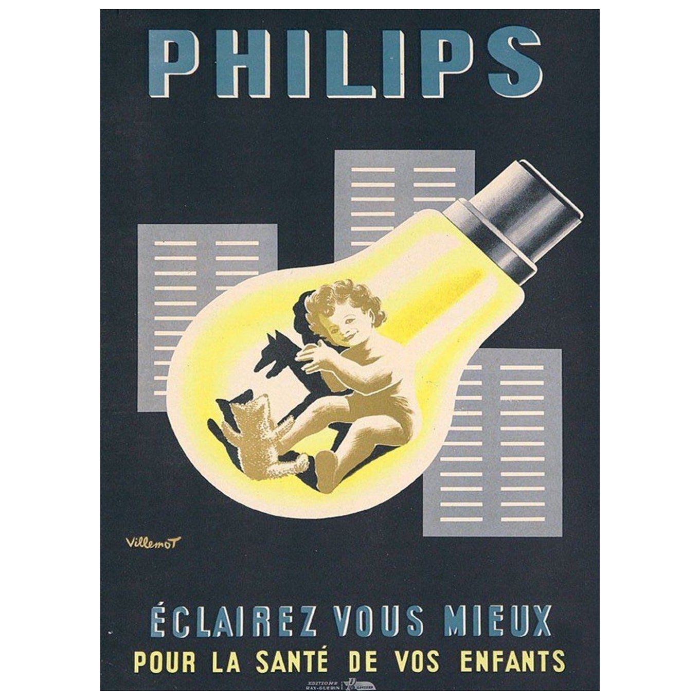 1950 Villemot Philips Original Vintage Poster For Sale