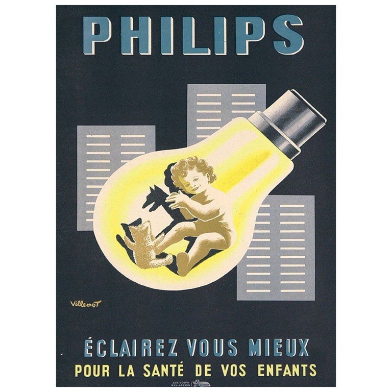 1950 Villemot Philips Original Vintage Poster For Sale at 1stDibs
