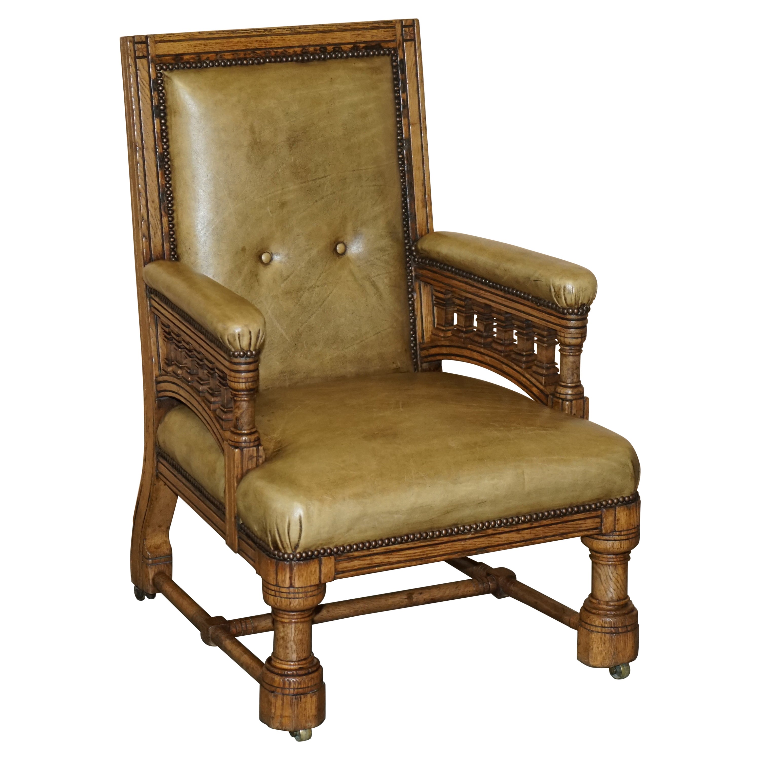 Original Victorian English Oak Hand Dyed Leather Library Reading Armchair For Sale