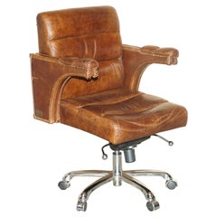 Vintage Heritage Aged Saddle Brown Leather Halo Swivel Office Captains Armchair