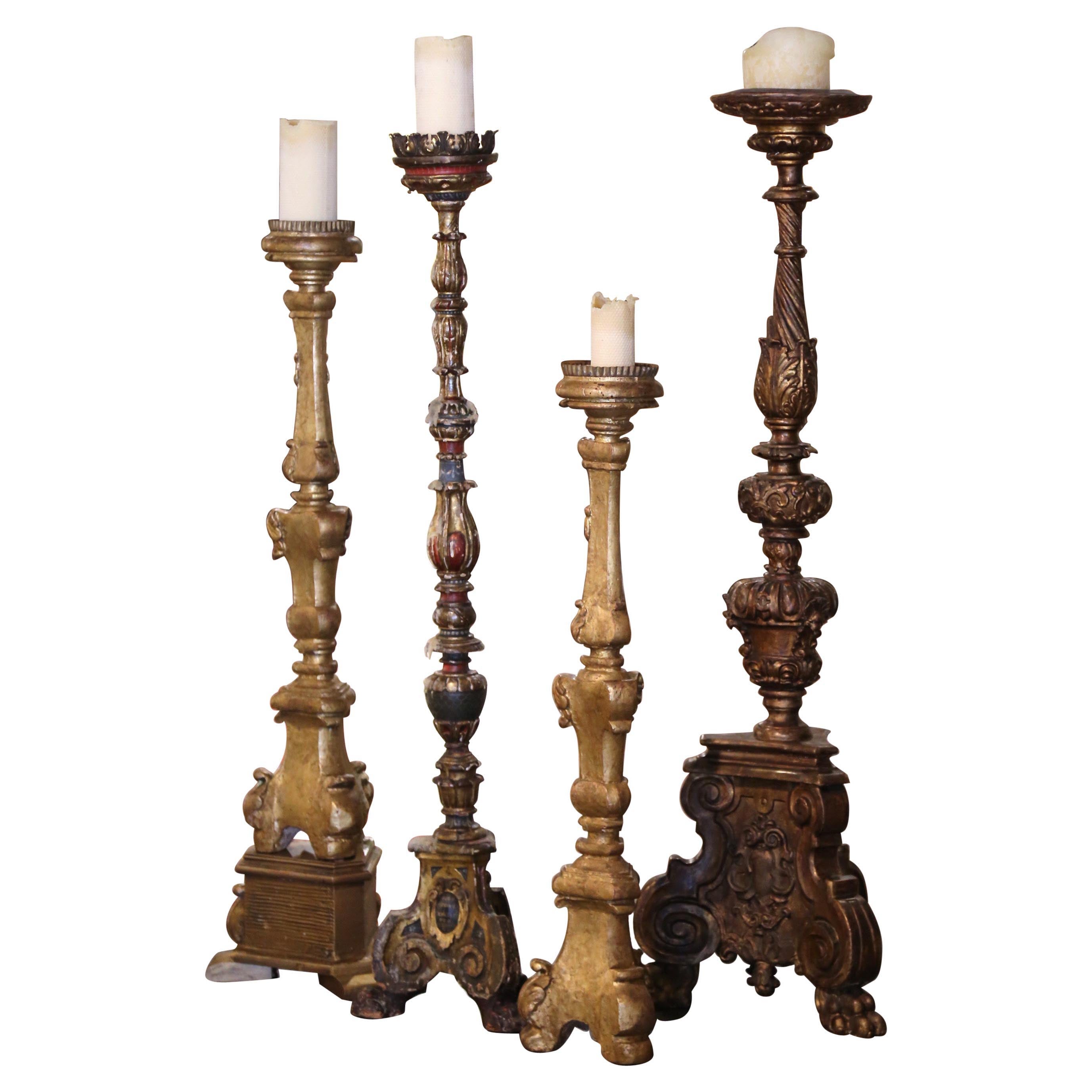 Italienische geschnitzte polychrome und bemalte Kerzenständer aus dem 19. Jahrhundert, Vierer-Set im Angebot