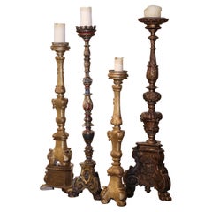 Antique 19th Century Italian Carved Polychrome and Painted Candlesticks, Set of Four