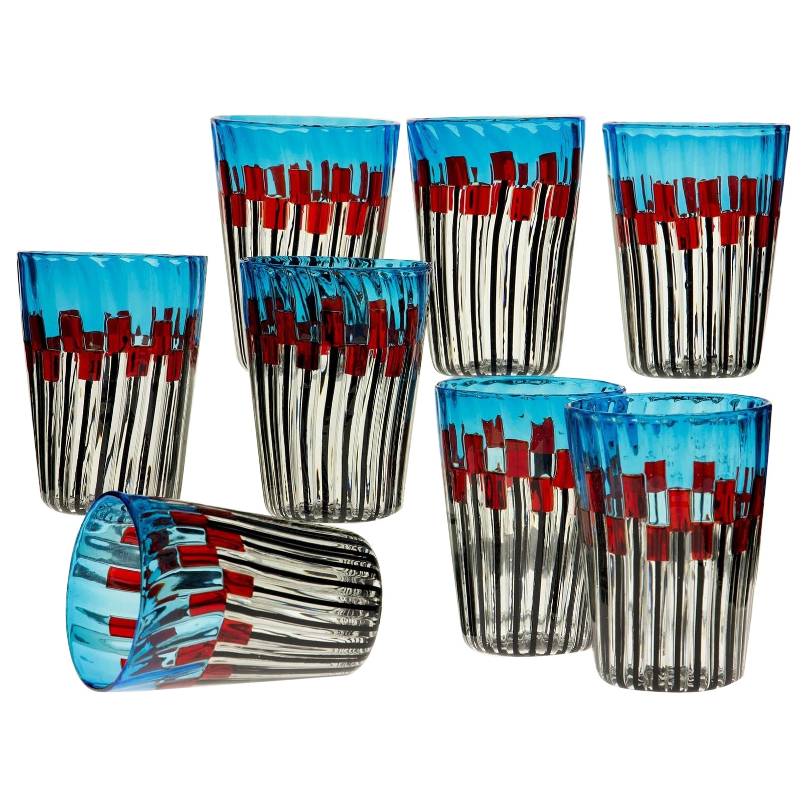 Set of 8 Murano Glass Tumblers, Mille Papaveri Rossi, Signed