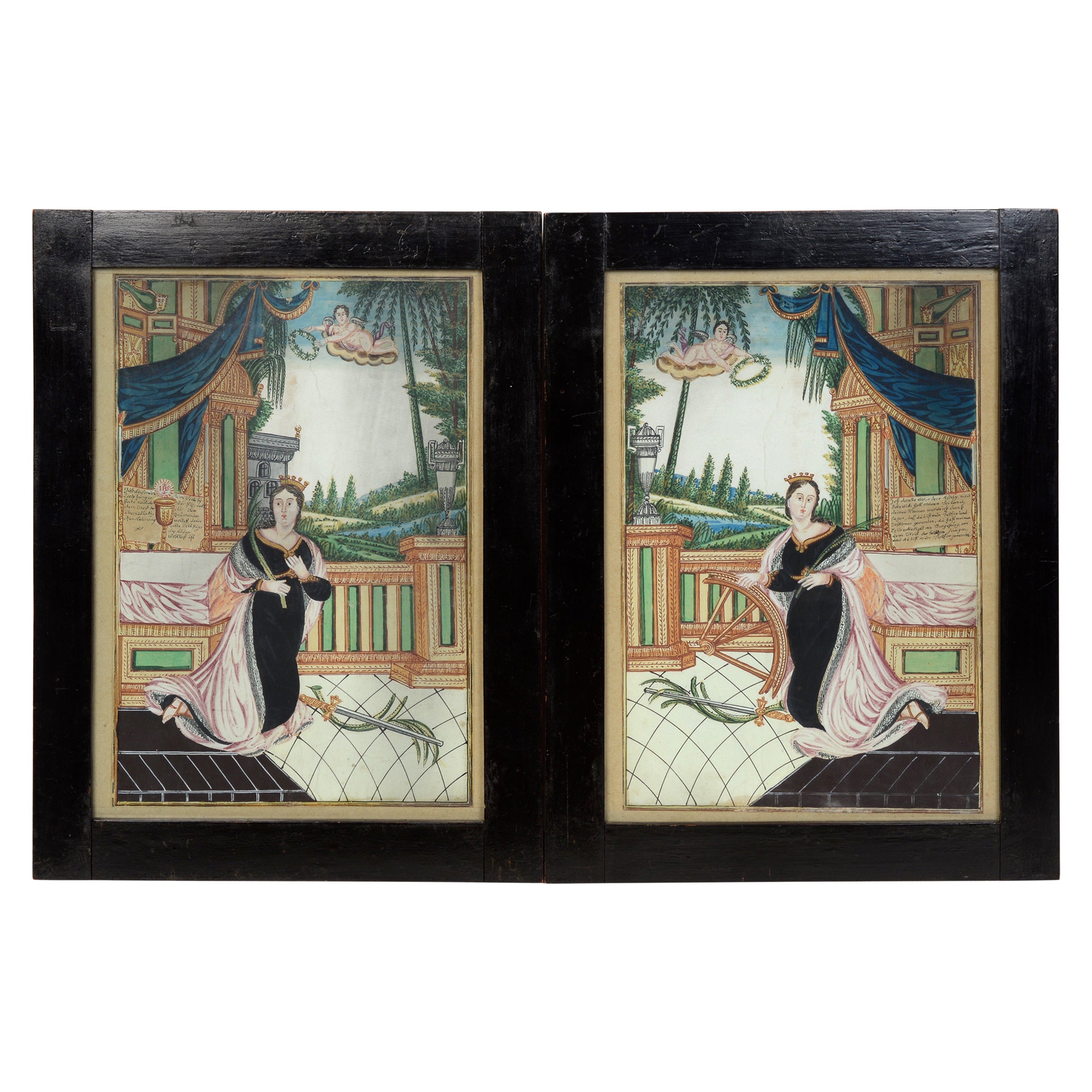 Paire d'aquarelles représentant « Le culte de Sainte-Catherine d'Alexandrie »