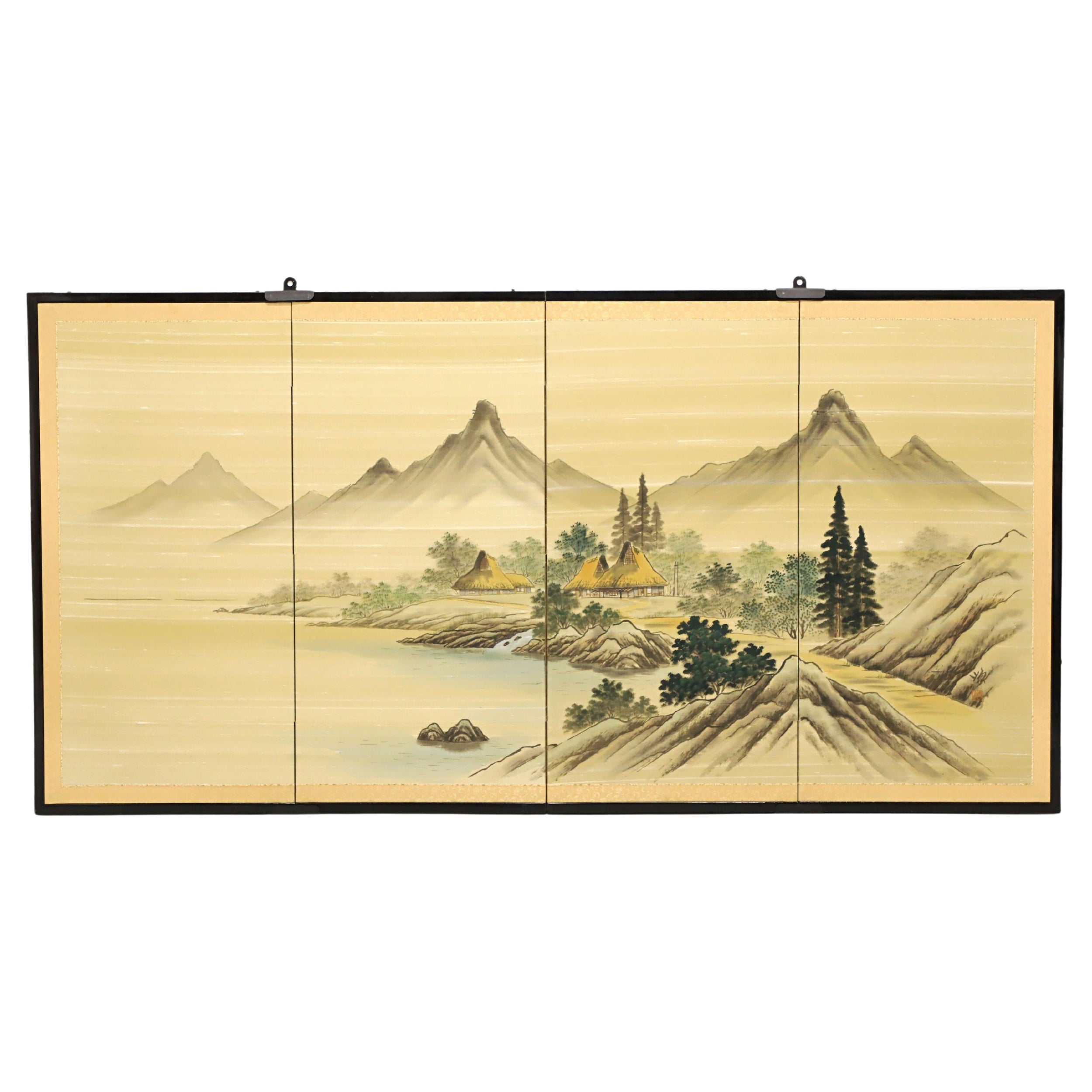 Mid 20th Century Japanese Four-Panel Folding Screen - Mountain Village on Lake For Sale