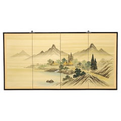 Vintage Mid 20th Century Japanese Four-Panel Folding Screen - Mountain Village on Lake