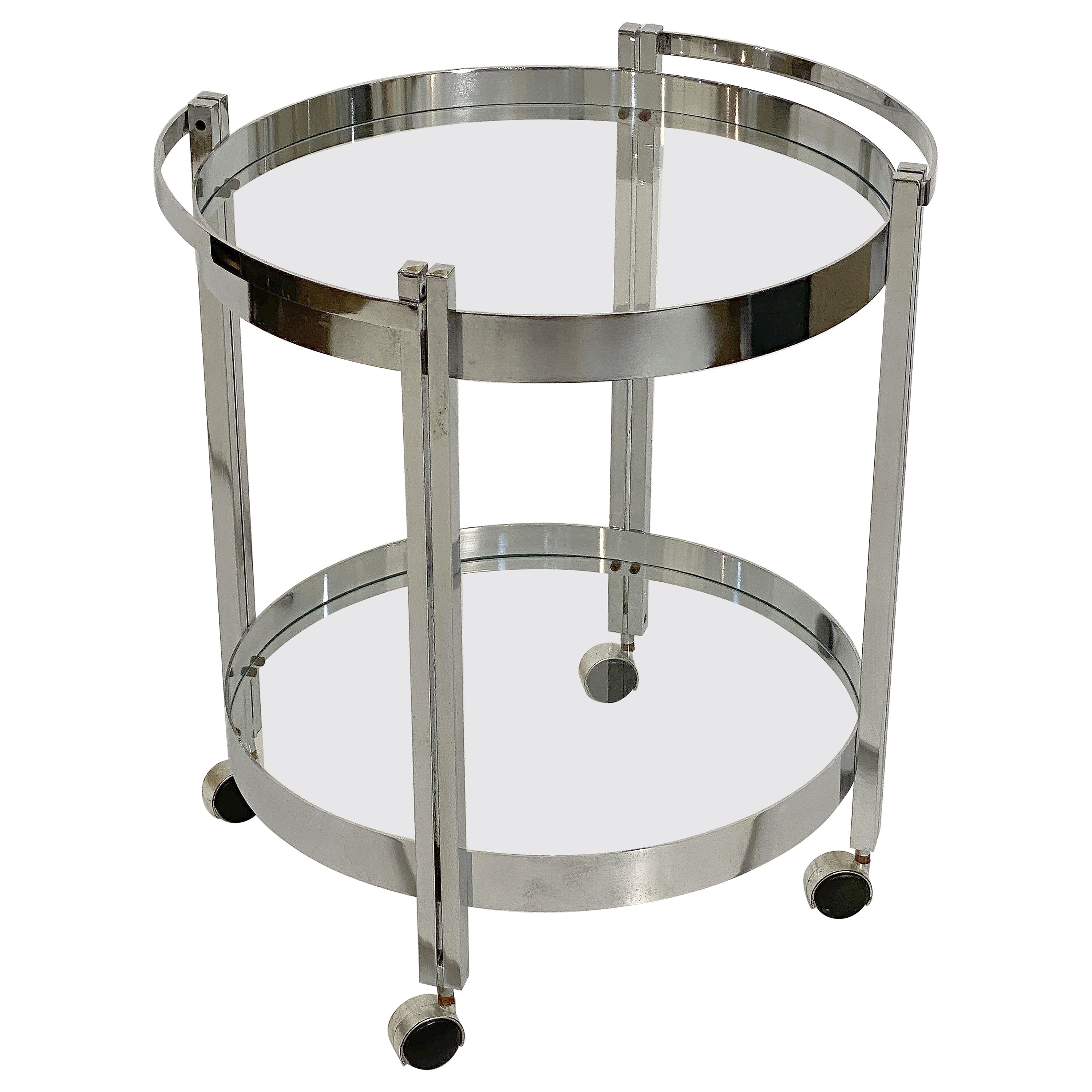 French Two-Tiered Round Drinks Table of Chrome and Glass on Rolling Casters For Sale