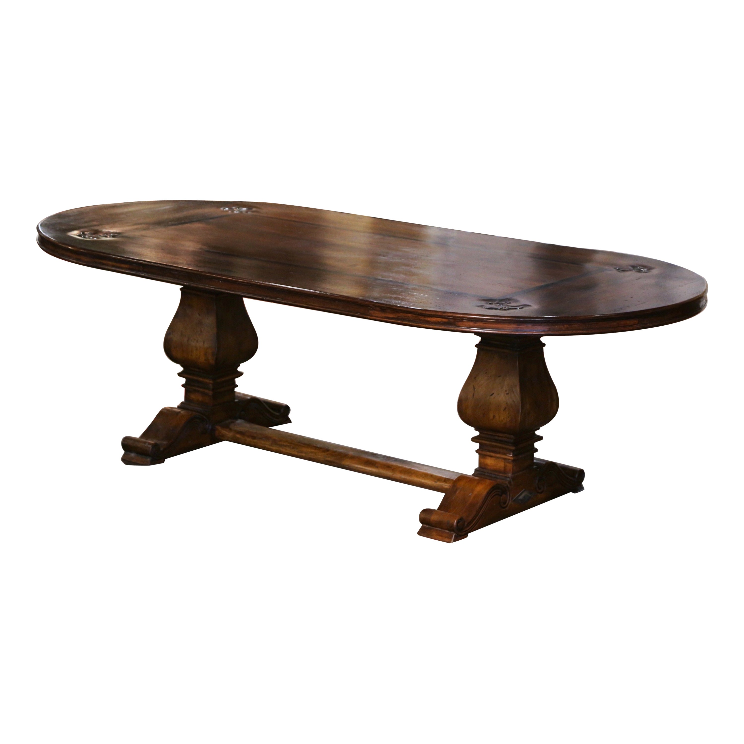 French Carved Walnut with Inlay Decor and Fleur-de-lys Trestle Dining Table For Sale