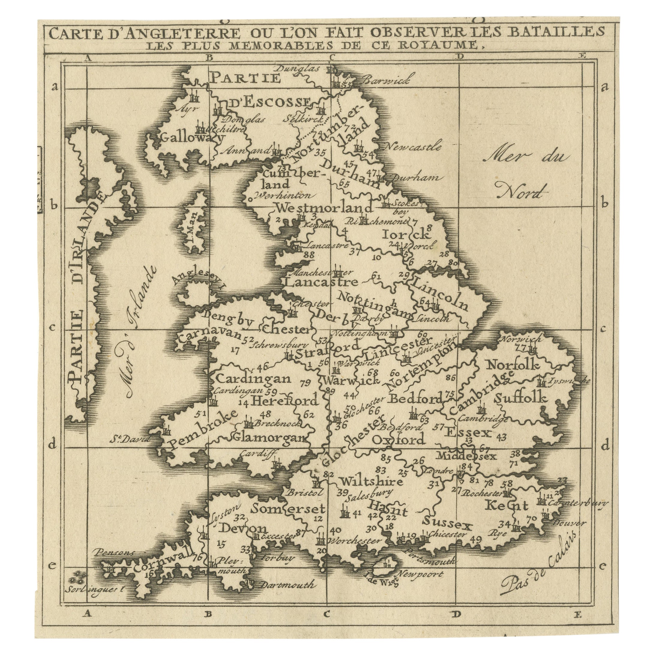 Carte ancienne d'Angleterre montrant les batailles les plus mémorables