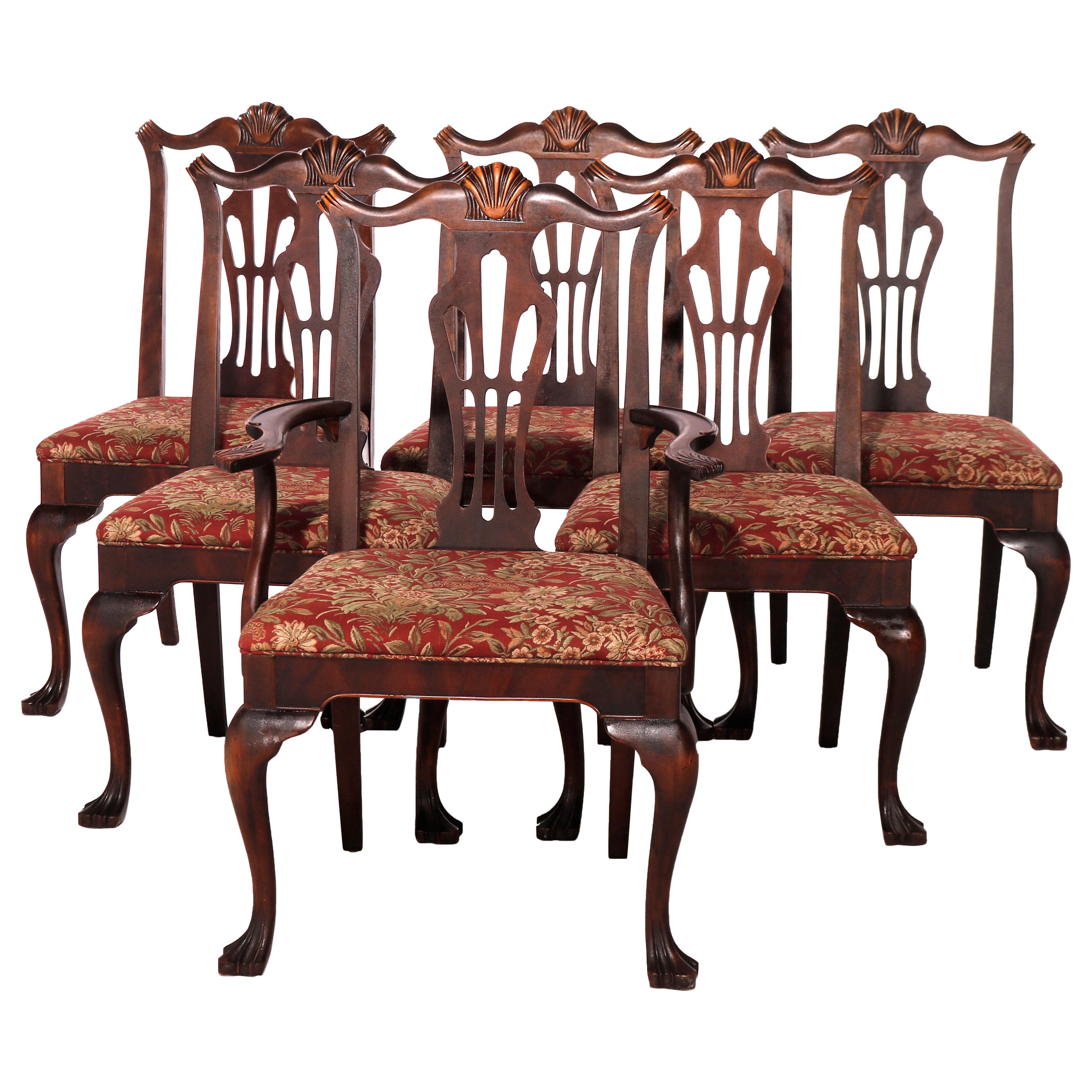 Six Antique Chippendale Style Mahogany Slat Back Dining Chairs, c1930 For Sale