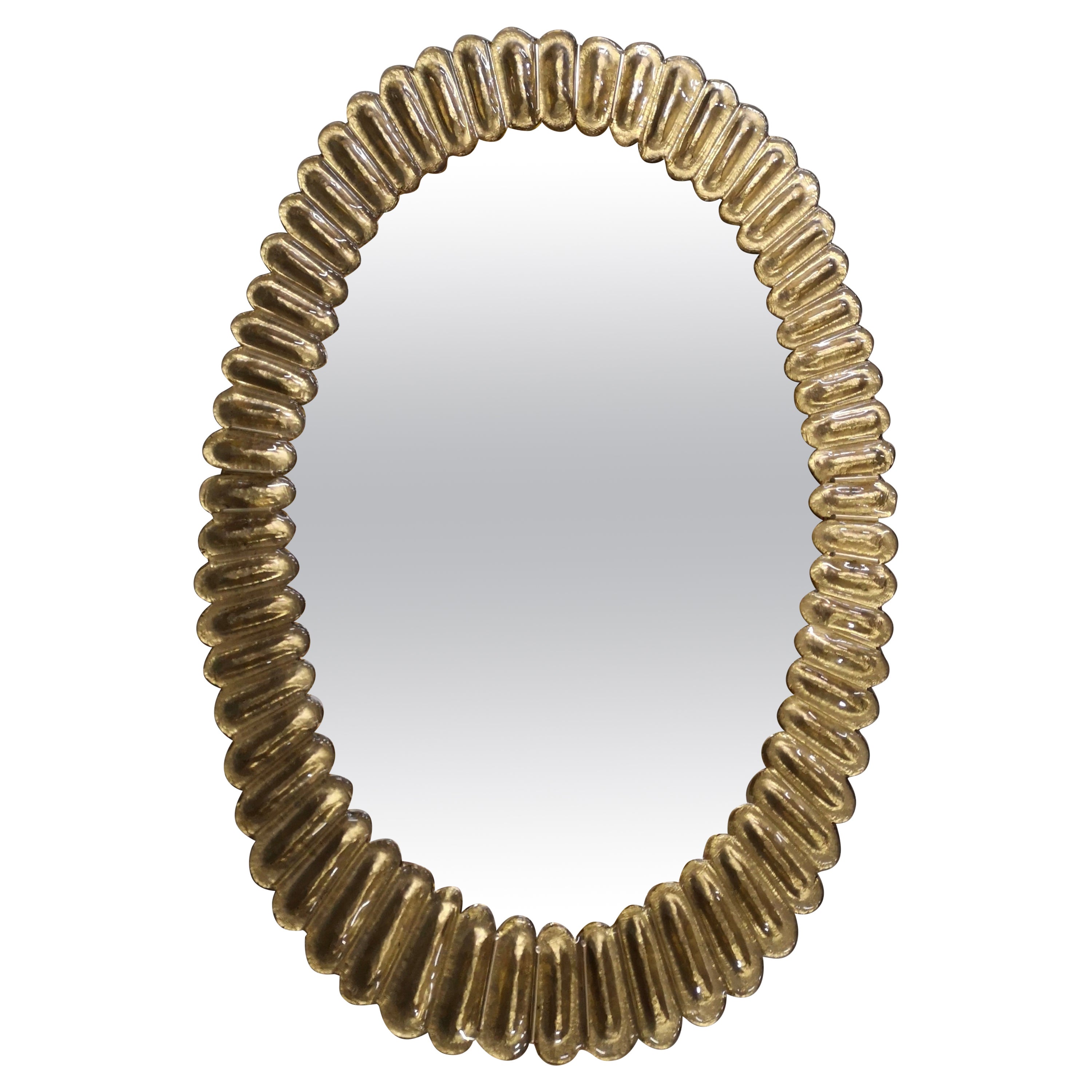 Midcentury Murano Oval Gold Art Glass and Brass Italian Wall Mirror, 2000 For Sale