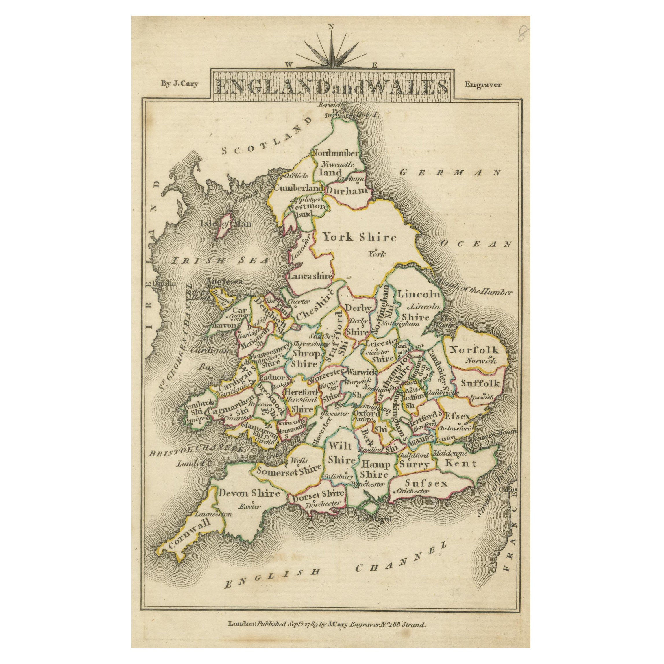 Miniaturkarte von England und Wales mit handkoloriertem Muster
