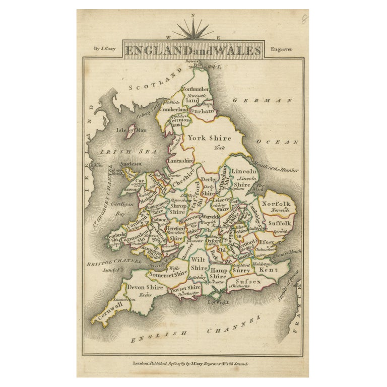 Miniature Map of England and Wales with Hand Colouring For Sale at 1stDibs