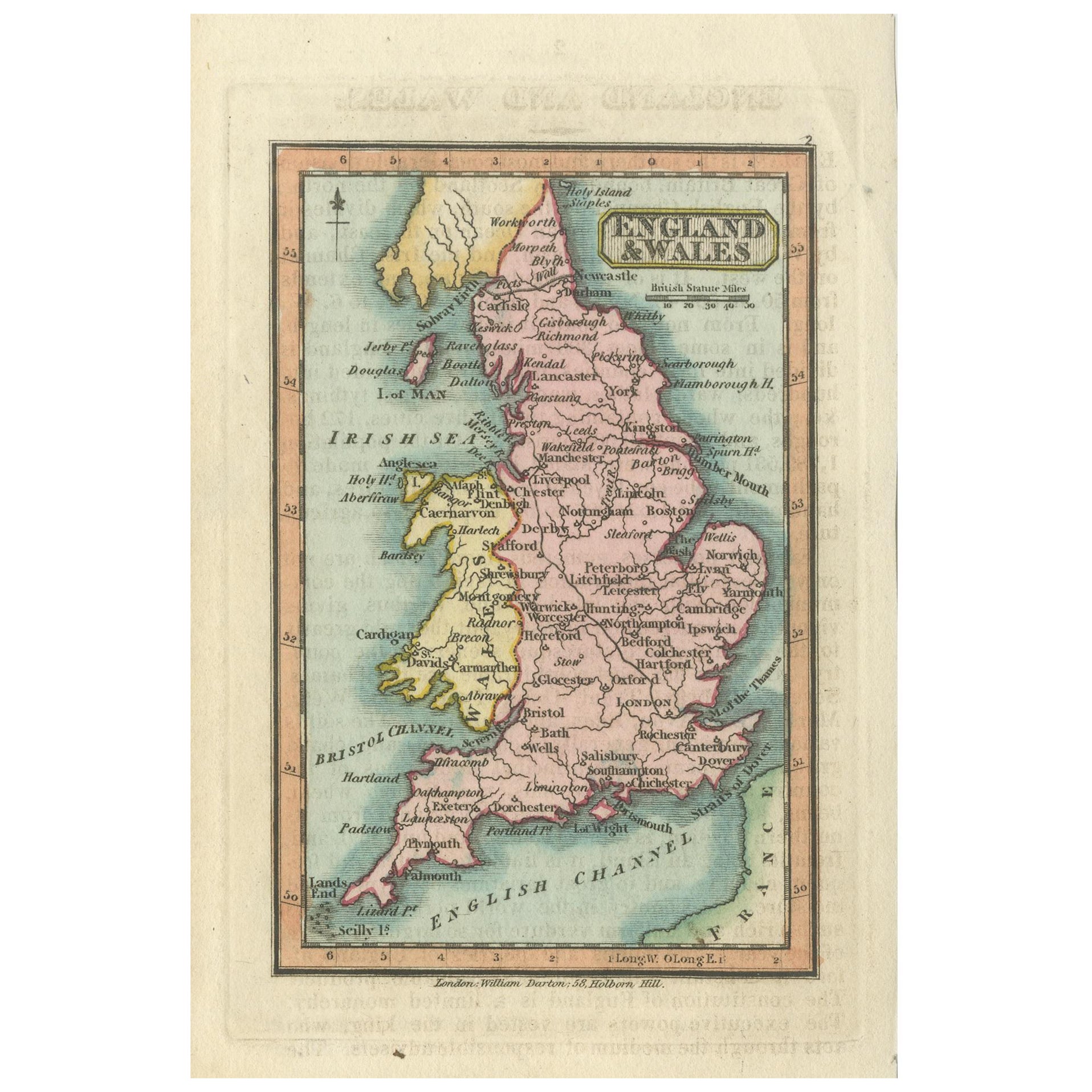 Carte miniature ancienne d'Angleterre et de Pays de Galles